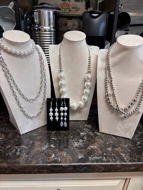 New Classic Faux Pearl and silver drop earrings on the left - White
